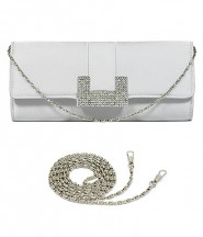 Evening Bag - Satin w/ Rhinestone Buckle Closure - Silver - BG-EBS1142SL